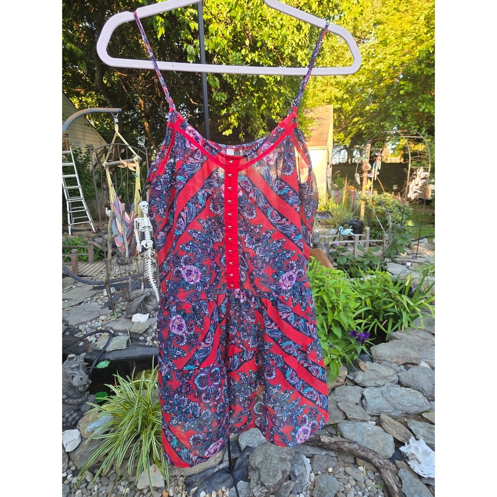 Red Paisley Sheer Chiffon Camisole Hook & Eye Tiered Ruffle Boho Tank Top